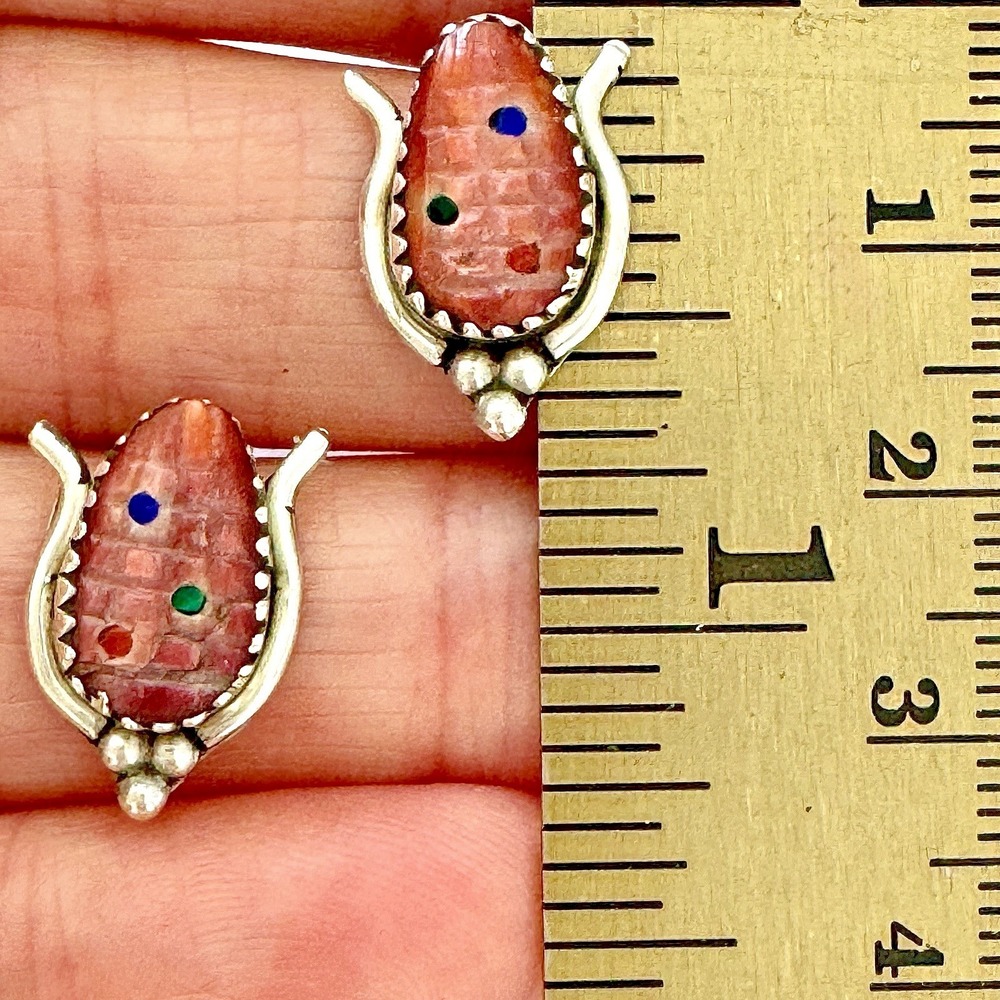 Zuni Corn Stud Earrings‎ SM Red Spiny Oyster Turquoise Sterling Signed Post